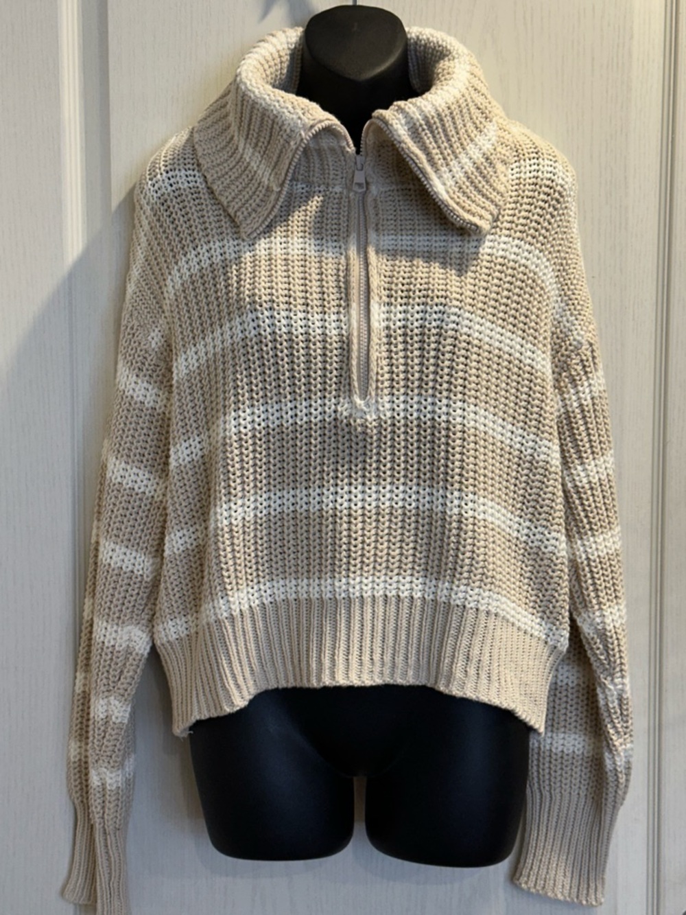 American Eagle Outfitters Cream Striped Half-Zip Knit Sweater L | Normcore